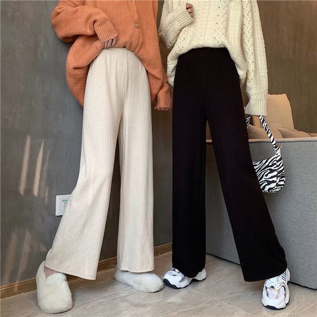Sisyphi-Mid Rise Plain Ribbed Wide Leg Pants Various Designs