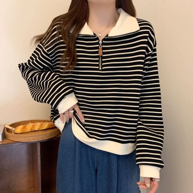 ISSOL-Contrast Collar Striped Half-Zip Pullover