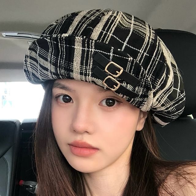 Pompabee-Belt Plaid Newsboy Cap