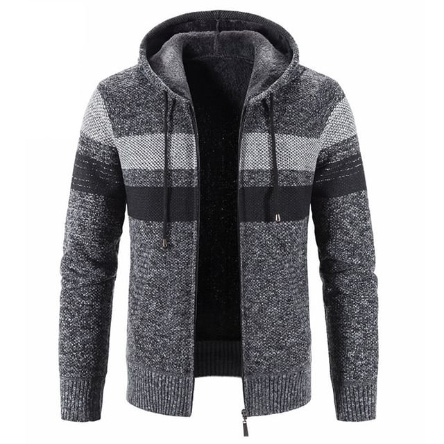YIKES-Color Block Drawstring Hooded Zip Cardigan