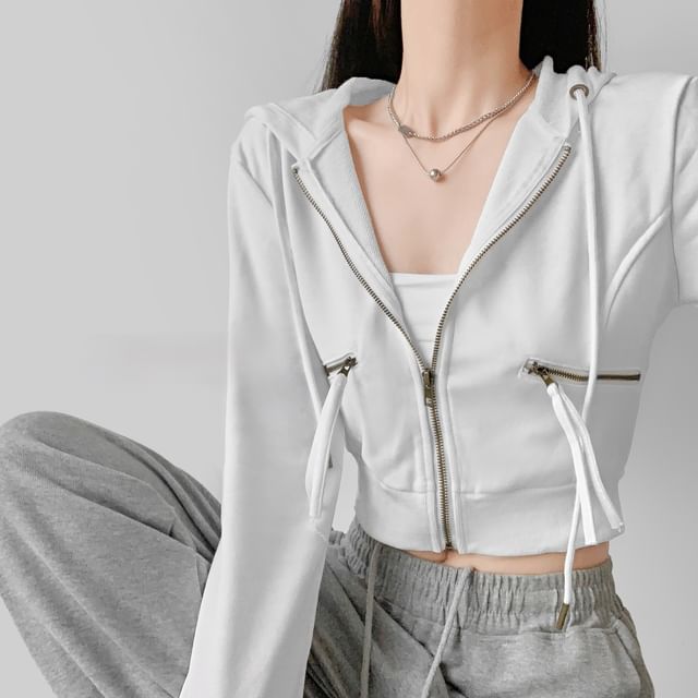 LIVIE-Plain Zip-Up Crop Hoodie