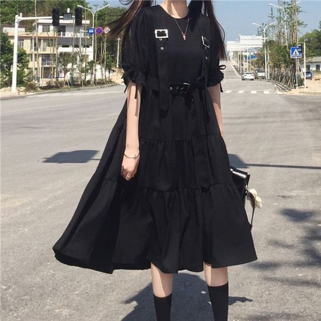 Sisyphi-Buckled Plain Midi A-Line Dress Various Designs