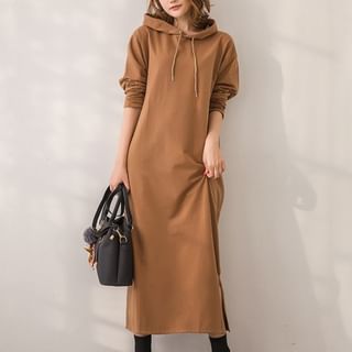 Lucuna-Plain Slit Midi Hoodie Dress