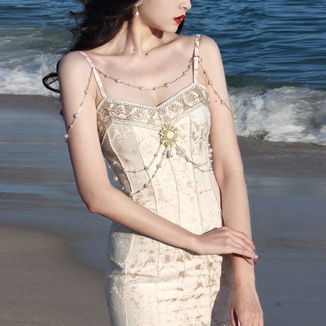 Yolandus - Spaghetti Strap V-Neck Faux Pearl Chain Embroidered Jacquard  Midi Mermaid Dress | YesStyle