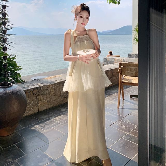 Moanum-Halter Plain Mesh Panel Maxi Sundress