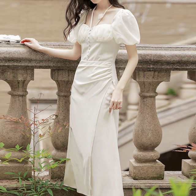 Pantho Short-Sleeve Plain A-Line Midi Dress YesStyle