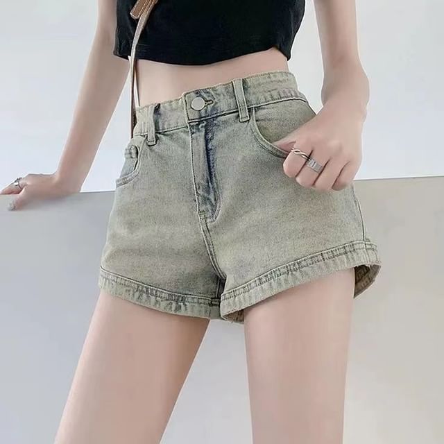 Everose-Mid Waist Washed Denim Shorts