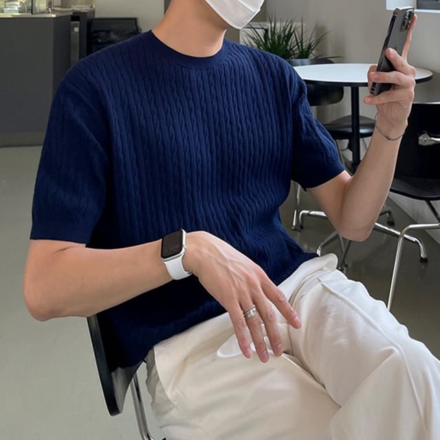Phoneus-Elbow-Sleeve Crew Neck Plain Cable Knit Top