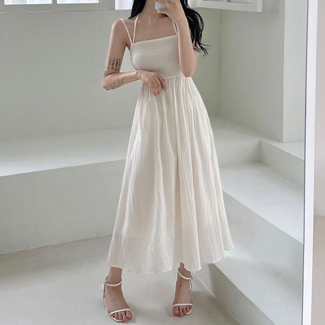 Tulstrix-Spaghetti Strap Plain Gathered Maxi A-Line Dress