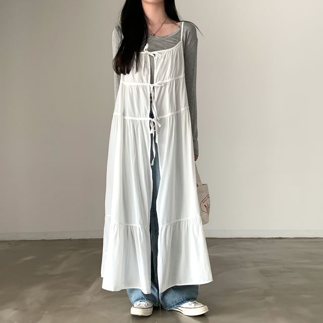 Tulstrix-Spaghetti Strap Plain Tiered Tie Front Maxi A-Line Dungaree Dress