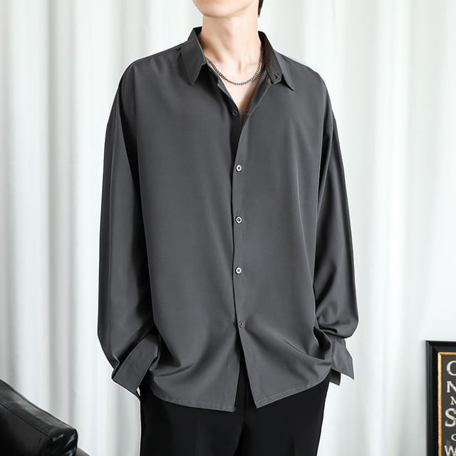 Cowpow-Long-Sleeve Plain Button-Up Shirt