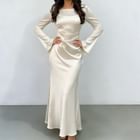 JIYON - Bell Sleeve Boat Neck Plain Ruched Satin Maxi Mermaid Dress |  YesStyle