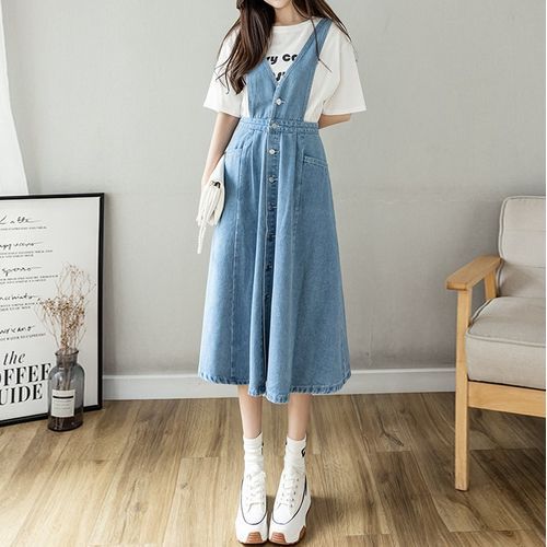 HYAKU - V-Neck Button Front Denim Midi A-Line Overall Dress | YesStyle