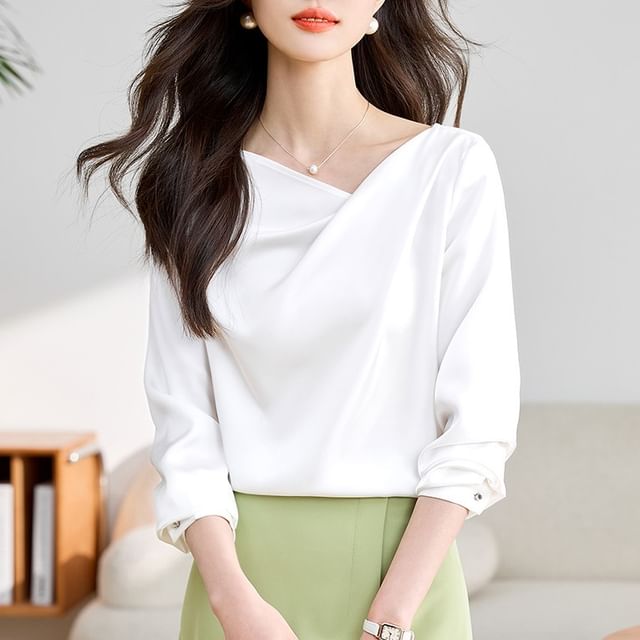 Odestra-Long-Sleeve Asymmetrical Neck Plain Blouse