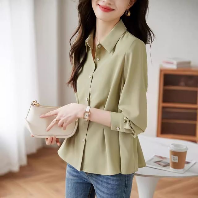 Odestra-Long-Sleeve Plain Peplum Shirt