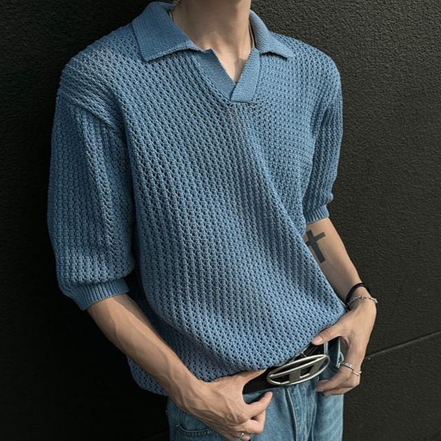 Wescosso-Elbow-Sleeve V-Neck Collared Plain Perforated Knit Top