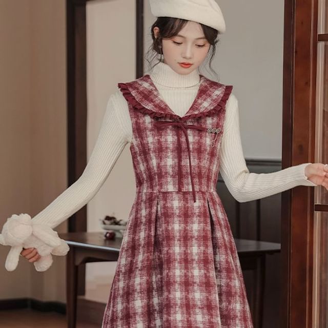 sansweet Ruffle Collar Plaid Bow Midi A-Line Overall Dress