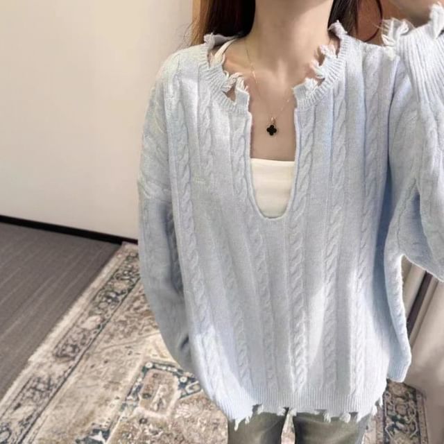 FR-Scoop Neck Plain Distressed Cable-Knit Sweater