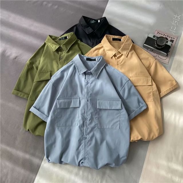 Macho-Short Sleeve Collared Plain Cargo Shirt