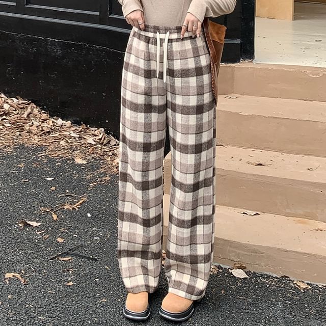 Appelsin-Drawstring Waist Plaid Wide Leg Pants