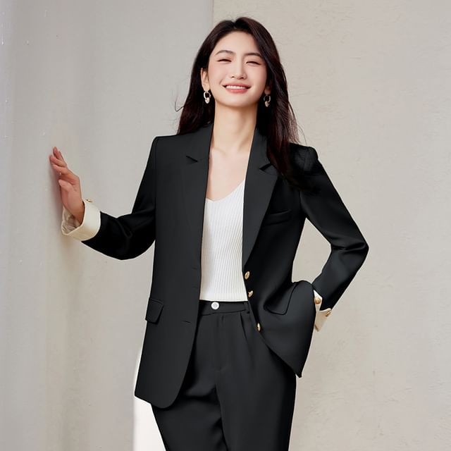 Skyheart-Lapel Collar Plain Single Breasted Blazer Mid Waist Plain Straight Leg Slacks Set