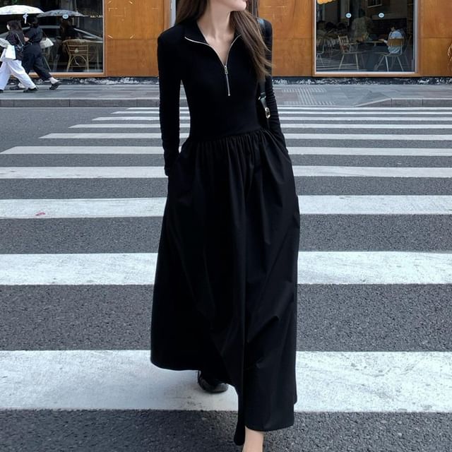 Cloud Nine-Long-Sleeve Half Zip Knit Maxi A-Line Dress