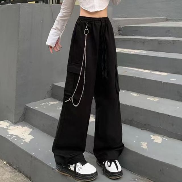 Sisyphi-High Waist Plain Chained Baggy Cargo Pants
