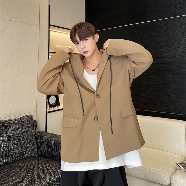 Orungeetun-Plain Drawstring Hooded Single Breasted Blazer