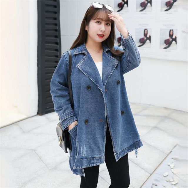 tropibreeze-Plus Size Distressed Denim Double-Breasted Jacket