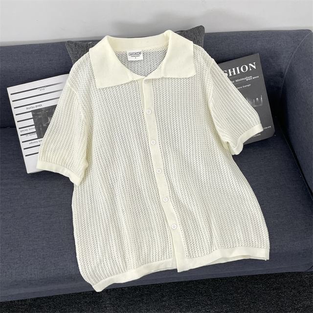 Plummie-Short Sleeve Collared Plain Button Up Oversized Knit Shirt