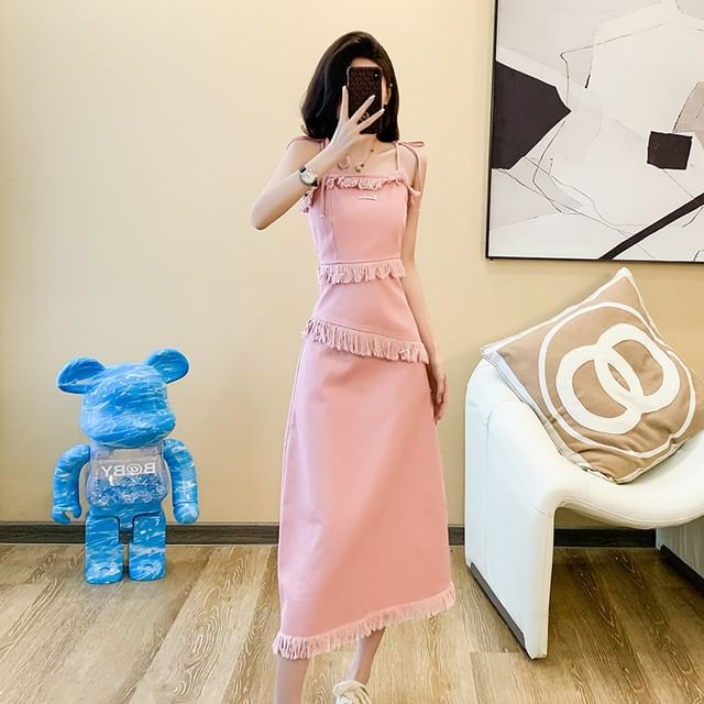 Aurora - Spaghetti Strap Plain Fringe Trim Midi A-Line Dress | YesStyle Aurora - Spaghetti Strap Plain Fringe Trim Midi A-Line Dress | YesStyle
