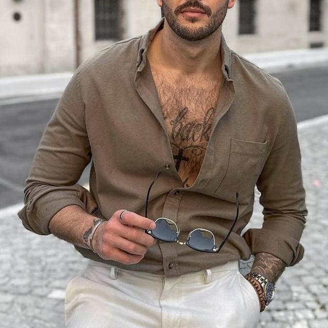 Double White-Long Sleeve Collared Plain Shirt