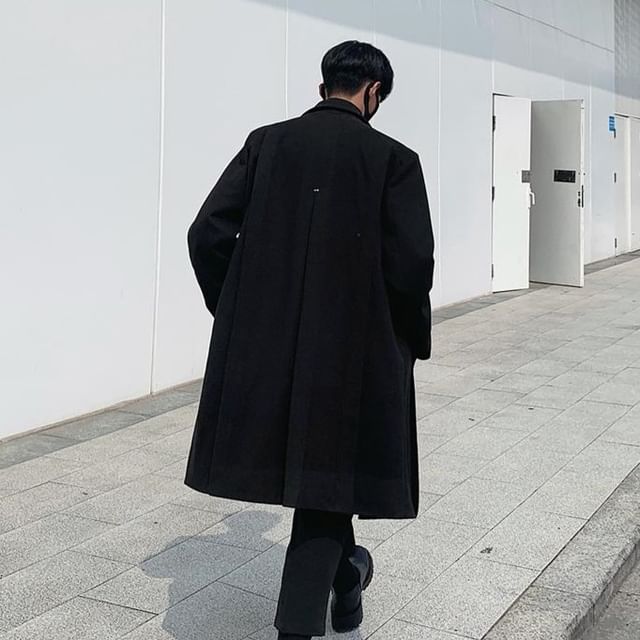 VEAZ-Lapel Collar Plain Single-Breasted Long Coat