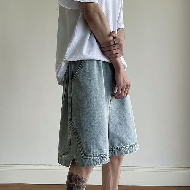 Macho-Mid Rise Washed Panel Denim Shorts