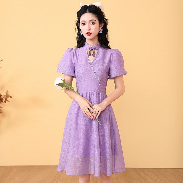 Ozipan - Mandarin Collar Mini A-Line Dress | YesStyle