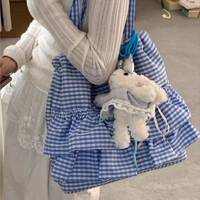Indenis-Gingham Ruffle Trim Canvas Tote Bag
