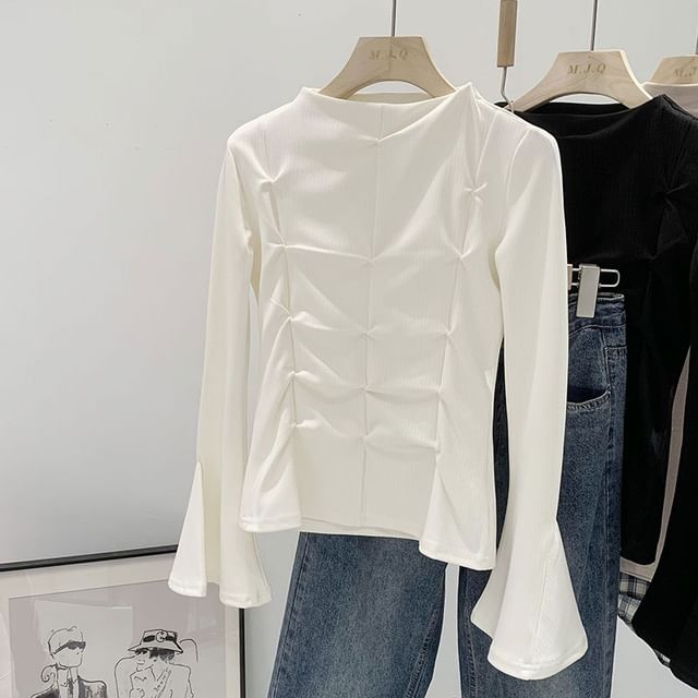 HYAKU-Bell Sleeve Mock Neck Plain Ruched Top