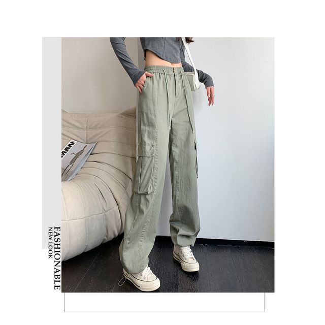 Tiametina - Drawstring Waist Plain Wide Leg Cargo Pants | YesStyle