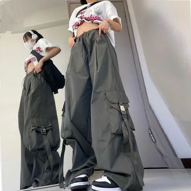 Cloud Nine-Drawstring Waist Plain Cargo Baggy Pants