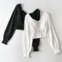 Yalitza - Puff-Sleeve Lace-Up Blouse Yalitza - Puff-Sleeve Lace-Up Blouse