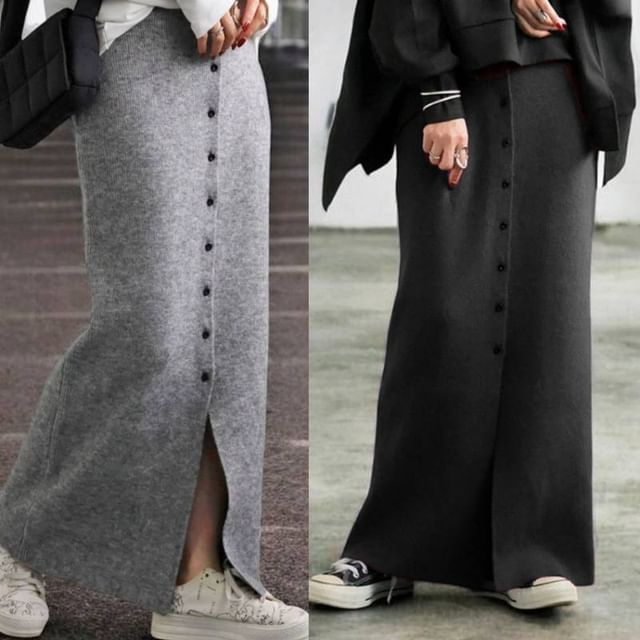 Lewwe-High Rise Button-Up Plain Knit Maxi Skirt