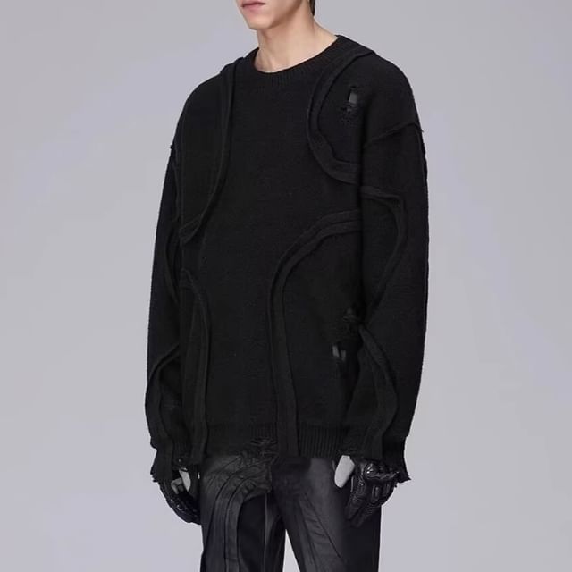 Lingaris-Crew Neck Plain Panel Distressed Sweater