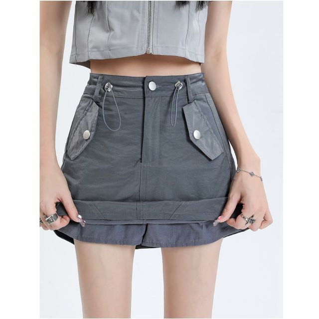 Denimot-Drawstring Waist Plain Mini Skort