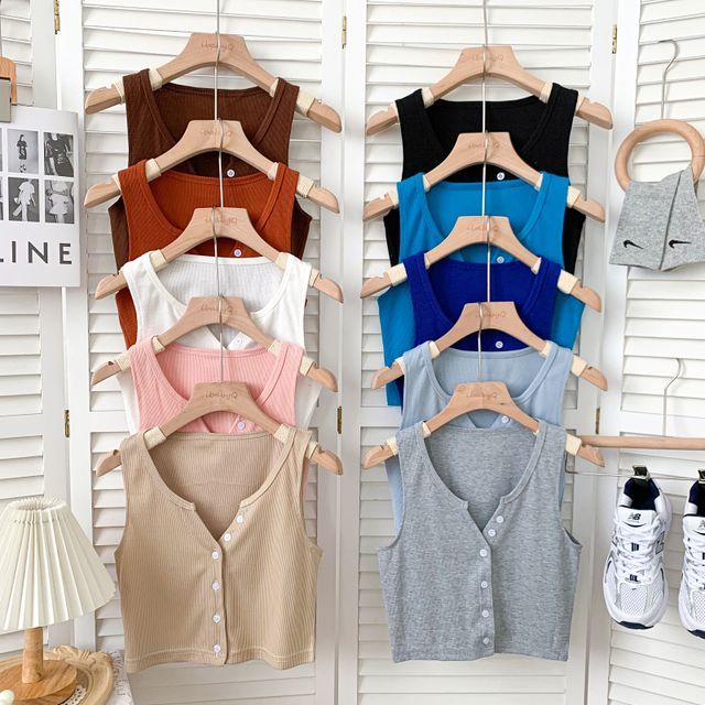DIYI-Button-Up Crop Tank Top in 12 Colors