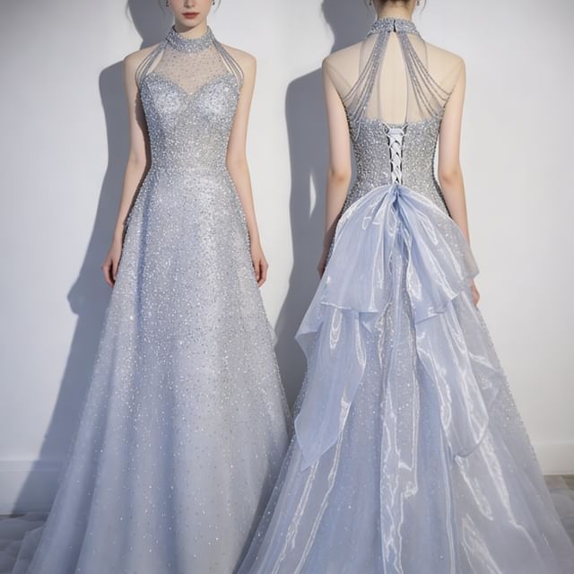 Lexama-Sleeveless Halter Neck Plain A-Line Evening Gown