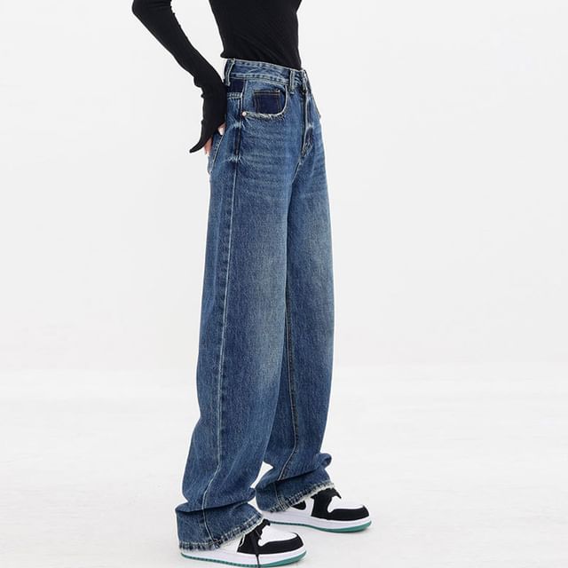 Melon Juice-Jeans taille haute bicolores délavés à coupe ample