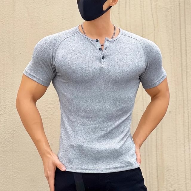 fluffush-Short-Sleeve Henley Plain Ribbed T-Shirt