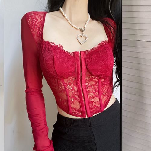 Lace Bustier Long Sleeve Top