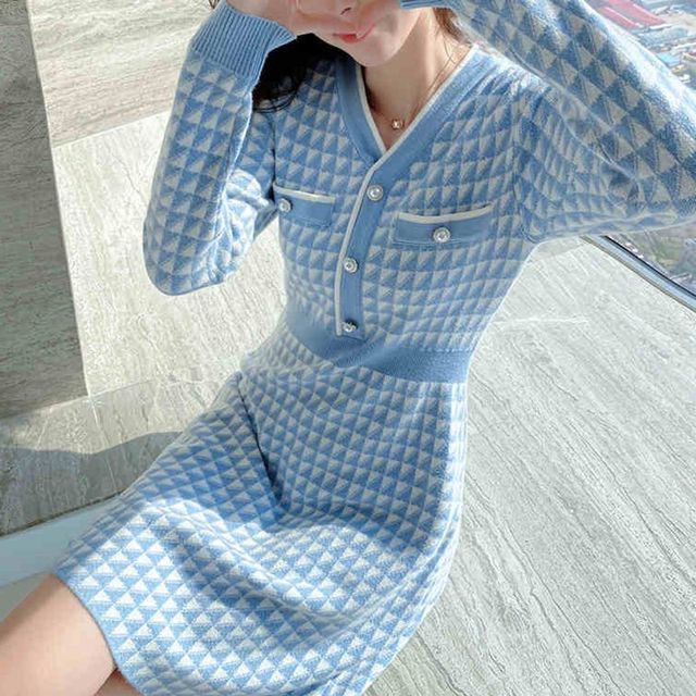 V-Neck Plaid Knit Mini A-Line Dress 