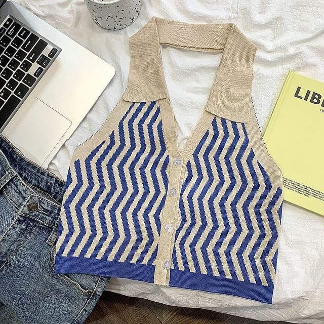 DIYI-Halter Collared Zig Zag Button Knit Top